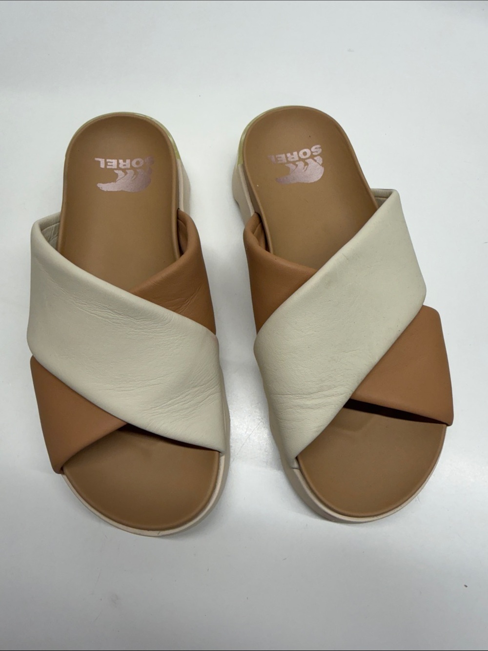 Sorel Viibe‎ Platform Slides Sandals Crisscross Soft Leather White Tan Size 9.5